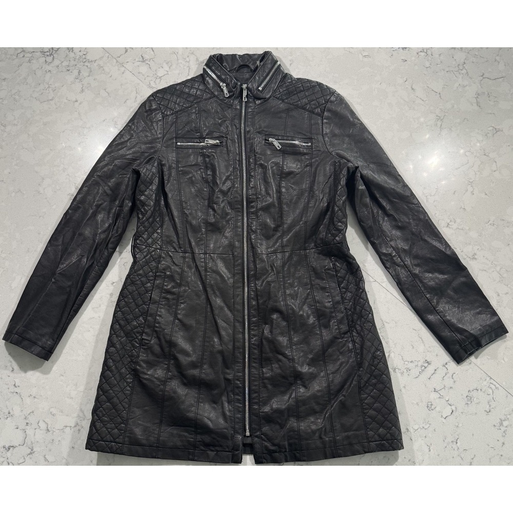 Kenneth Cole New York Faux Leather Walker Coat Womens Large Black Quilted